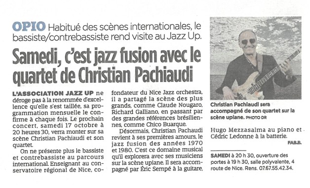 Concert Christian Pachiaudi Quartet dans Nice Matin
